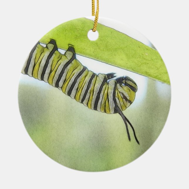 Monarkfjäril Caterpillar som undersöker en Julgransprydnad Keramik (Framsidan)