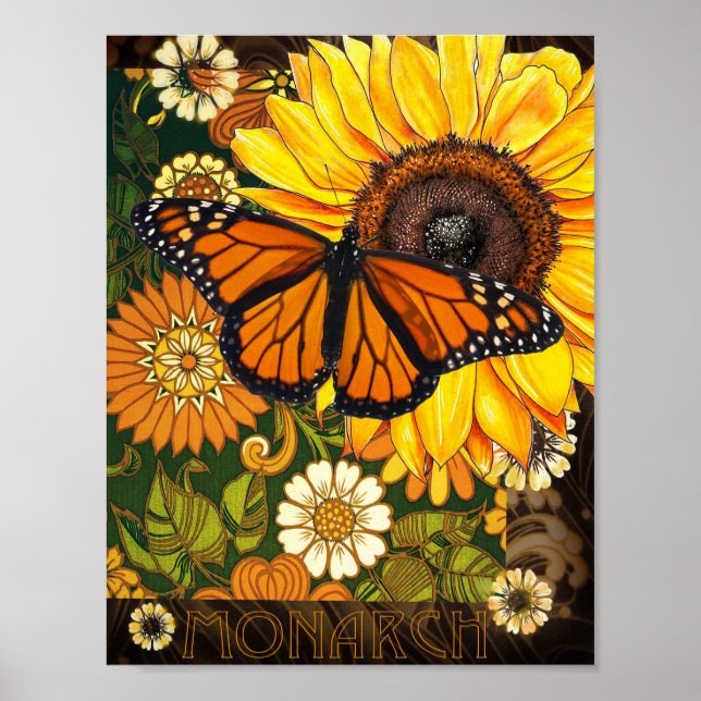 Monarkfjäril och solros vintage collage poster (Framsidan)