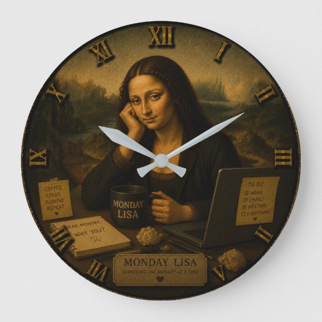 Monday Funny Mona Lisa Office Worker Coffee Humor  Stor Klocka (Framsida)