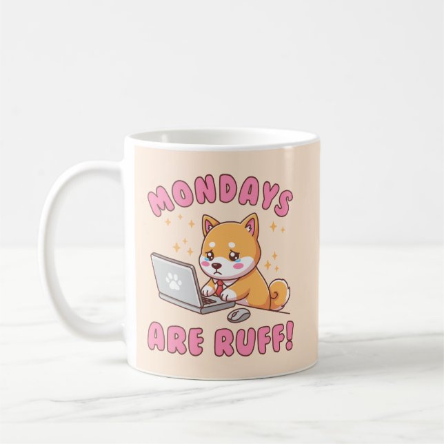 Mondays Are Ruff - Kawaii Shiba Inu Dog Office Pun Kaffemugg (Vänster)