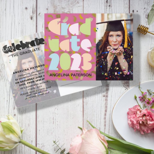 Mondern Pastel Studenten Photo Confetti Party Inbjudan Vykort (Skapare uppladdad)