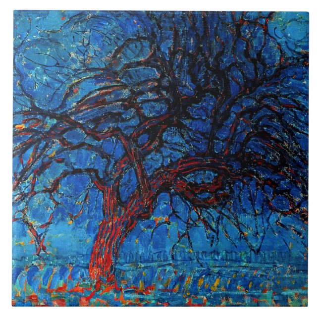Mondrian-Avond (kvällstid) Red Träd Kakelplatta (Framsidan)