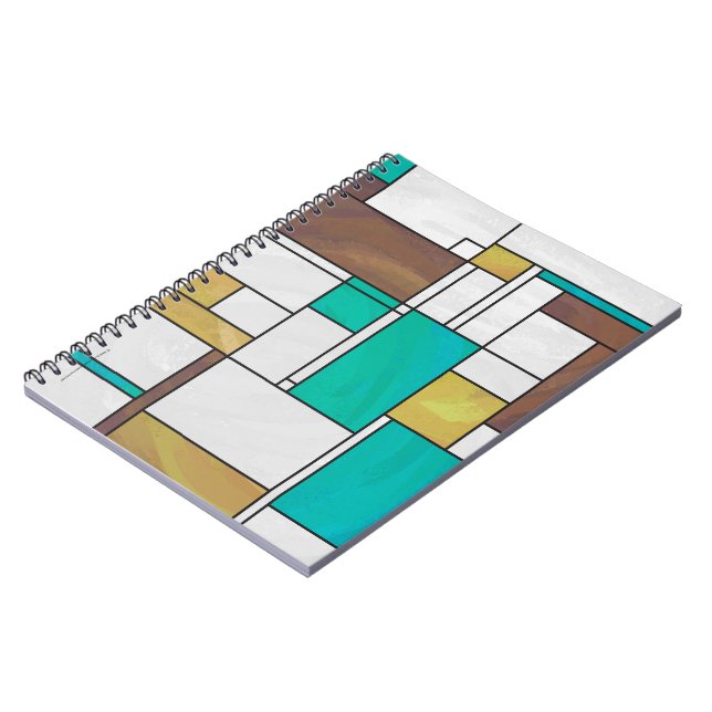 Mondrian Brown Gult Teal Print Anteckningsbok Med Spiral (Vänstra Sidan)