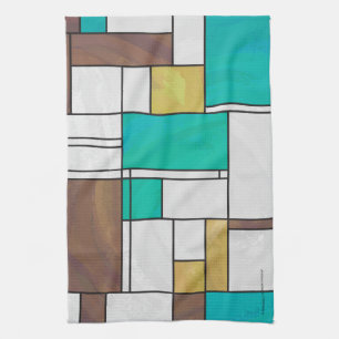 Mondrian Brown Gult Teal Print Kökshandduk