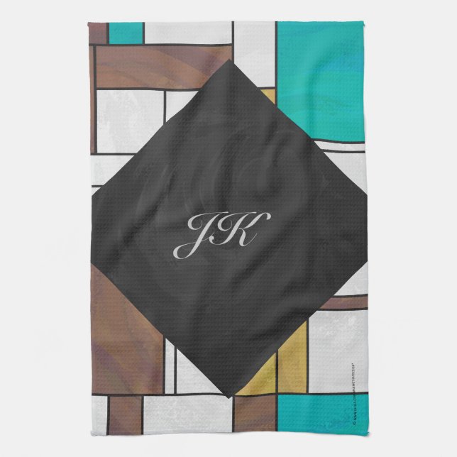 Mondrian Brown Gult Teal Print Kökshandduk (Vertikal)