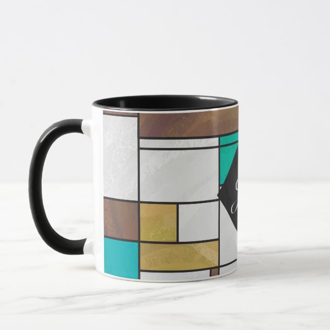Mondrian Brown Gult Teal Print Mugg (Vänster)