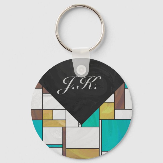 Mondrian Brown Gult Teal Print Nyckelring (Framsida)