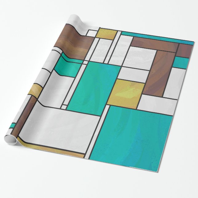 Mondrian Brown Gult Teal Print Presentpapper (Utrullad)