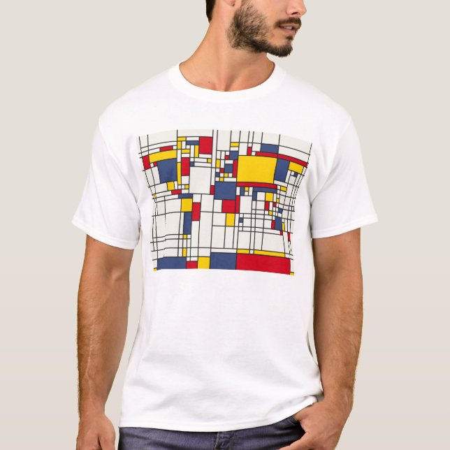 Mondrian för världskartaabstrakt stil t-shirt (Framsida)