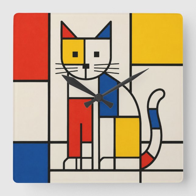 Mondrian-inspirerad geometrisk katt abstrakt popko fyrkantig klocka (Framsida)