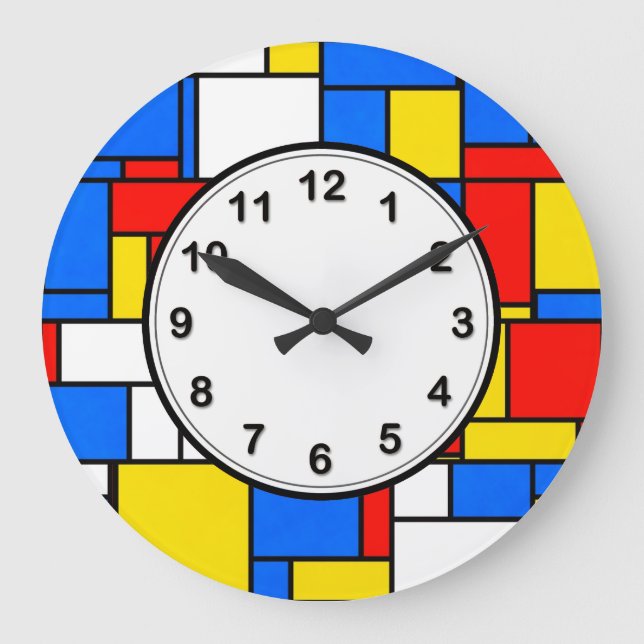 Mondrian Inspirerad Stil Röd Blå Gul Mönster Stor Klocka (Framsida)