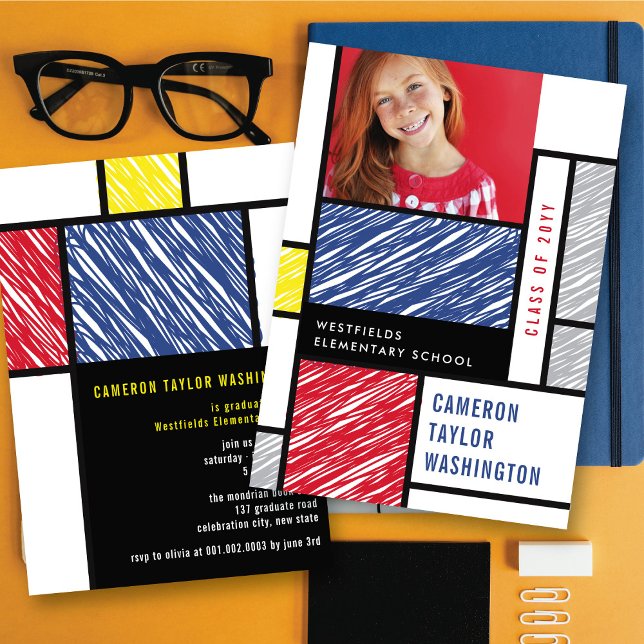 Mondrian Klotter Modern Fotexamen Festligheter Inbjudningar (Mondrian Scribbles Modern Photo Graduation Party Invitation by fatfatin @ zazzle.com/color_therapy)
