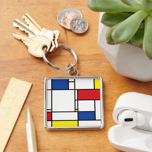 Mondrian Minimalistisk Geometrisk De Stijl Modern  Fyrkantig Silverfärgad Nyckelring (Skrivbord)