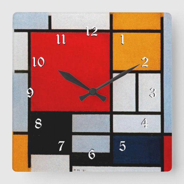 Mondrian - Sammansättning med stor röd Flygplan Fyrkantig Klocka (Framsida)