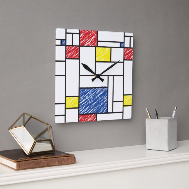 Mondrian Scribbles Minimalist De Stijl Modern Art Fyrkantig Klocka (Kontor)