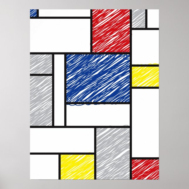 Mondrian Scribbles Minimalist De Stijl Modern Art Poster (Framsidan)