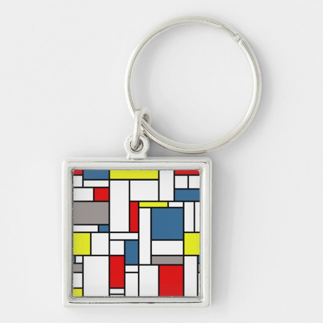 Mondrian stil design fyrkantig silverfärgad nyckelring (Framsidan)