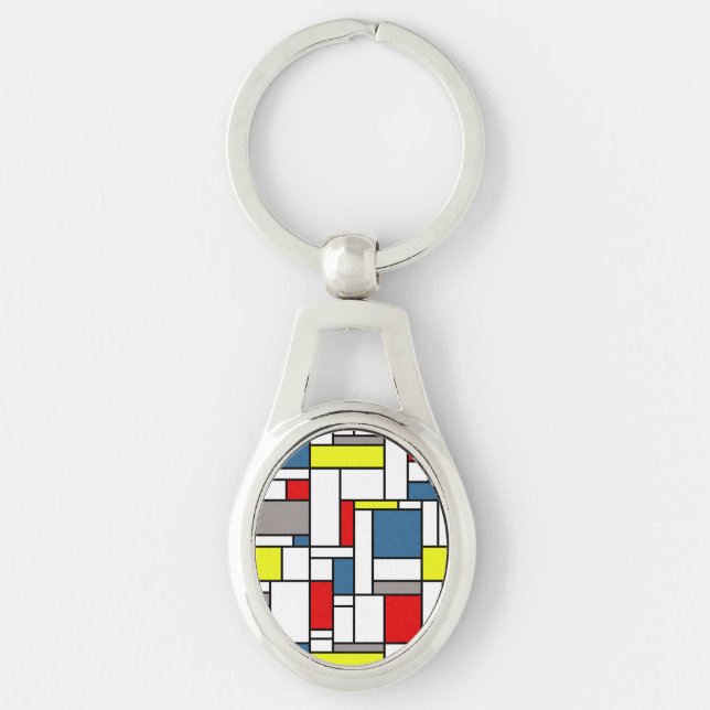 Mondrian stil design ovalt silverfärgad nyckelring (Framsidan)