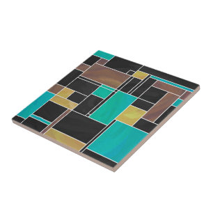 Mondrian Teal Brown Black Skriv ut Kakelplatta