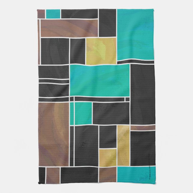 Mondrian Teal Brown Black Skriv ut Kökshandduk (Vertikal)