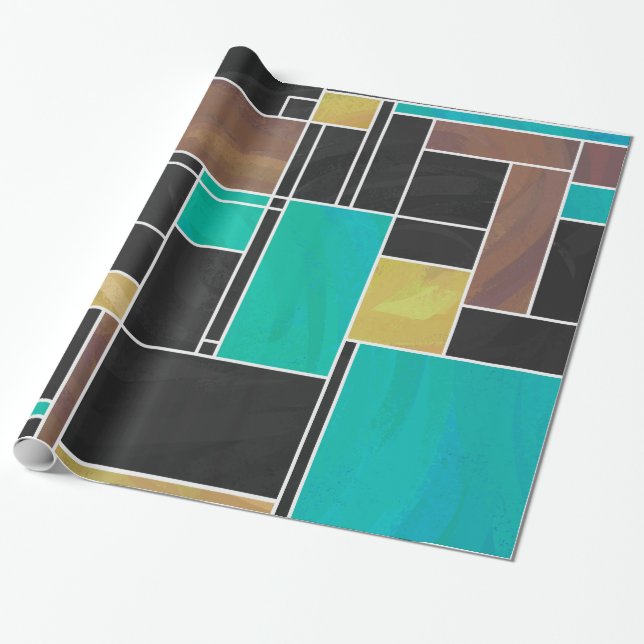Mondrian Teal Brown Black Skriv ut Presentpapper (Utrullad)