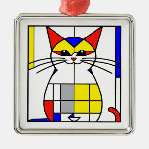 Mondriansk katt julgransprydnad metall