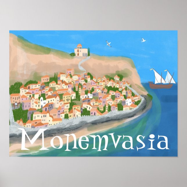 MONEMVASIA GREECE Island Art Travel Illustration Poster (Framsidan)