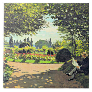 Monet - Adolphe Monet Reading in the Garden Kakelplatta