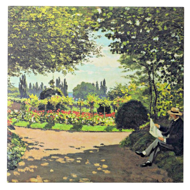 Monet - Adolphe Monet Reading in the Garden Kakelplatta (Framsidan)