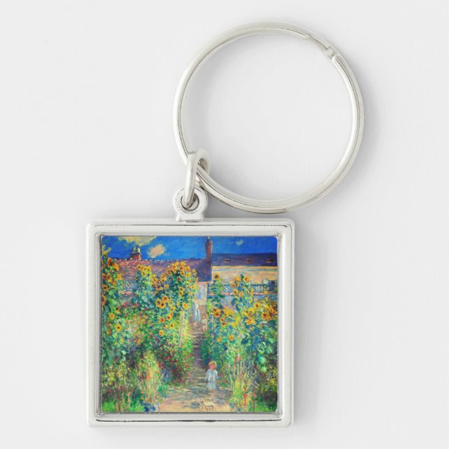 Monet-Blomsterträdgård Fyrkantig Silverfärgad Nyckelring (Framsidan)