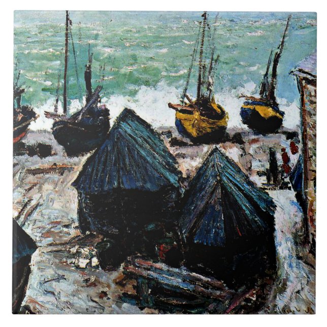 Monet - Boats på stranden vid Etretat Kakelplatta (Framsidan)