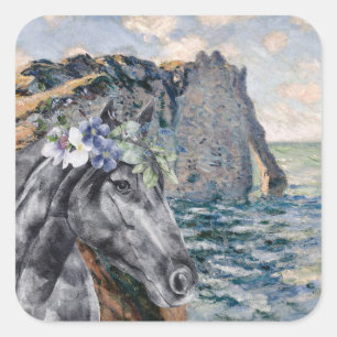 Monet Cliff of Aval & Black Horse Compilation Fyrkantigt Klistermärke