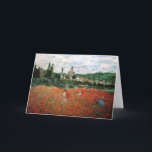Monet Fält i Röda poppies-hälsningskort Kort<br><div class="desc">Monet Fält av Röda poppies hälsningskort. Olja på canvas från 1879. Monet målade flera olika vallmo fält under sin karriär. Den här målningen har flera unga kvinnor i klänningar och solrosor som samlar in de röda blommorna före en flod på en något grumlig sommardag. En söt gåva till fläkt av...</div>