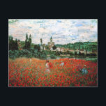 Monet Fält i Röda poppies-vykort Vykort<br><div class="desc">Monet Fält av Röda poppies vykort. Olja på canvas från 1879. Monet målade flera olika vallmo fält under sin karriär. Den här målningen har flera unga kvinnor i klänningar och solrosor som samlar in de röda blommorna före en flod på en något grumlig sommardag. En söt gåva till fläkt av...</div>