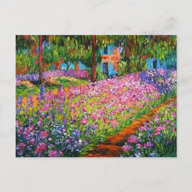 Monet Iris Garden Design med bakgrunden för Rosa Vykort (Framsida)