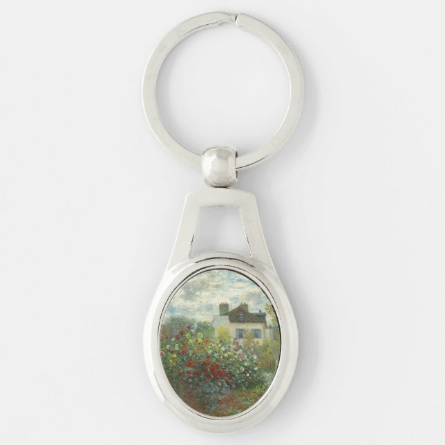 Monet Konstnärsträdgård i Argenteuil Målning Ovalt Silverfärgad Nyckelring (Framsidan)