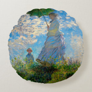Monet Kvinna Parasoll Impressionism Rund Kudde