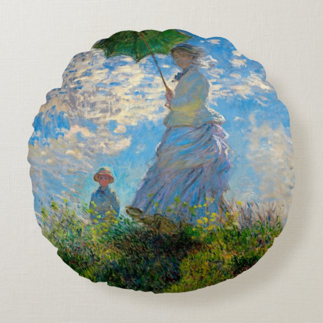 Monet Kvinna Parasoll Impressionism Rund Kudde (Framsidan)