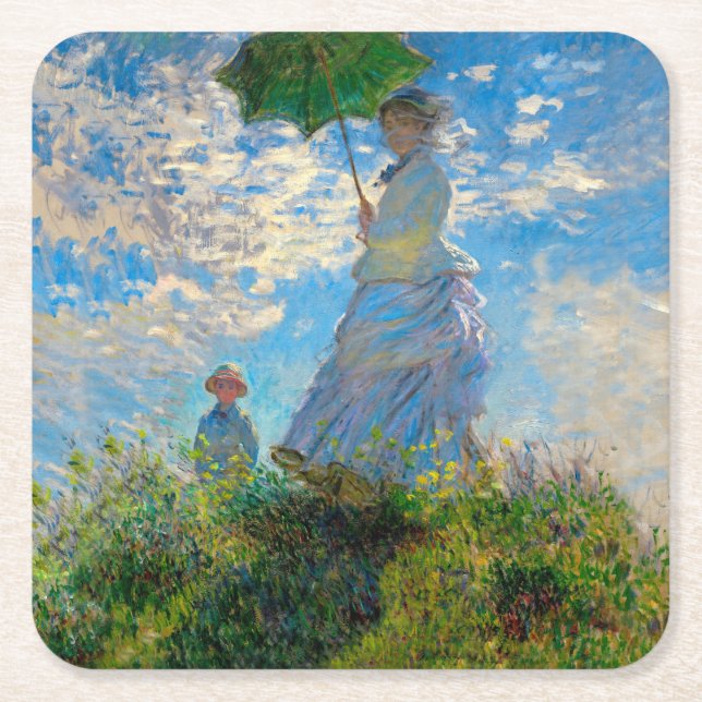 Monet Kvinna Parasoll Impressionism Underlägg Papper Kvadrat (Framsidan)
