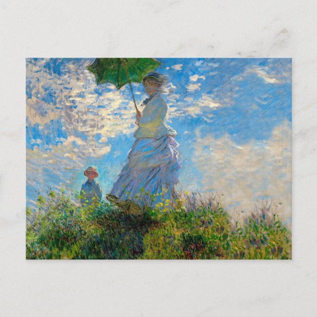 Monet Kvinna Parasoll Impressionism Vykort (Framsida)