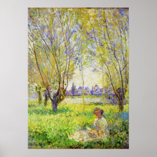 Monet-kvinnan som sitter under den vackra konsten poster