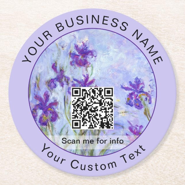 Monet - Lilac Irises / Iris Mauves - QR-kod Underlägg Papper Rund (Framsidan)