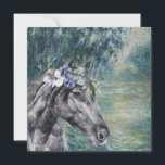 Monet Morgonseine och Black Horse Greeting Card<br><div class="desc">Den vackra och konstnärliga kompileringen utmärker Claude Monets morgon på Seine som bakgrund med porträtt på den svarta hästen med övertäckning av blommigt krona.</div>