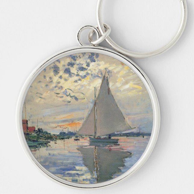 Monet Segelbåt Fransk Impressionism Klassisk Konst Rund Silverfärgad Nyckelring (Framsidan)