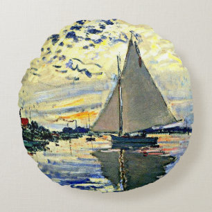 Monet - Segelbåt vid le Petit GENNEVILLIERS Rund Kudde