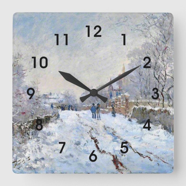 Monet - Snöscen vid Argenteuil Fyrkantig Klocka (Framsida)