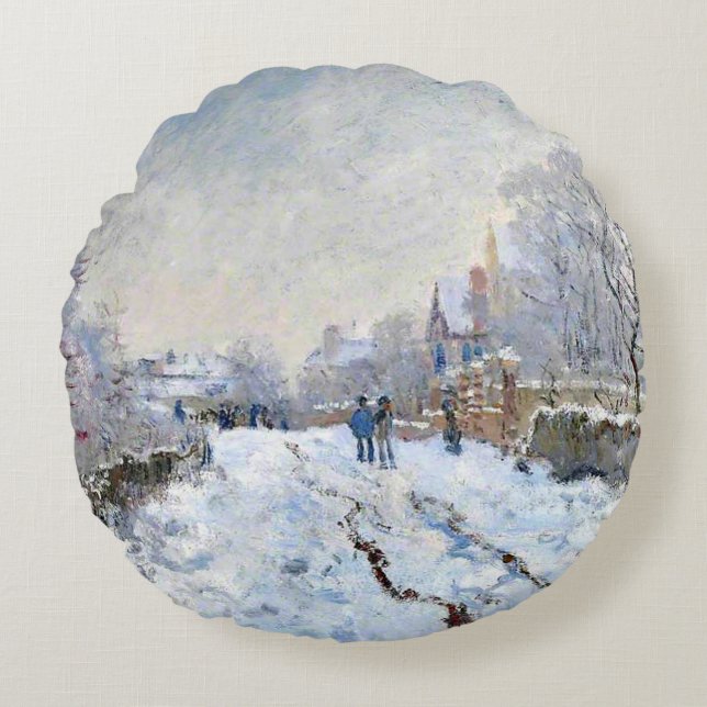 Monet - Snöscen vid Argenteuil Rund Kudde (Framsidan)