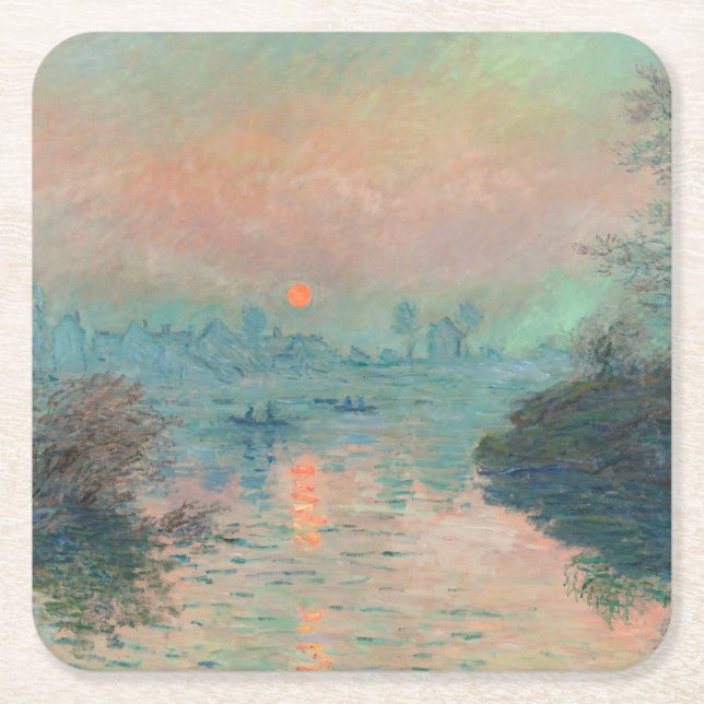 Monet Solnedgång på Seine Finkonst Impressionism  Underlägg Papper Kvadrat (Framsidan)