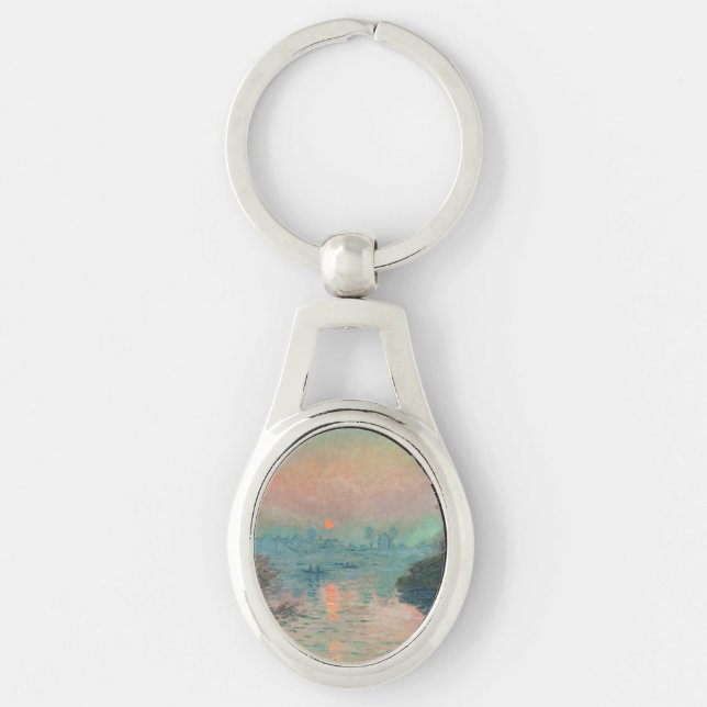 Monet Solnedgång Seine Finkonst Impressionism  Ovalt Silverfärgad Nyckelring (Framsidan)