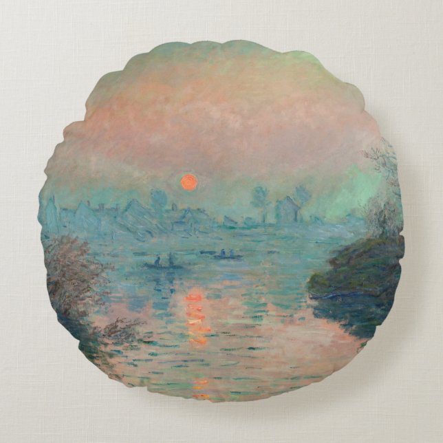 Monet Solnedgång Seine Finkonst Impressionism  Rund Kudde (Framsidan)